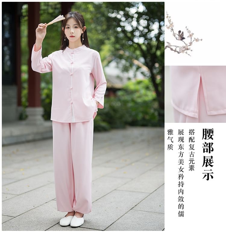 Set: Long-Sleeve Band Collar Plain Hanfu Blouse + Mid Rise Plain Wide Leg Pants SpreePicky