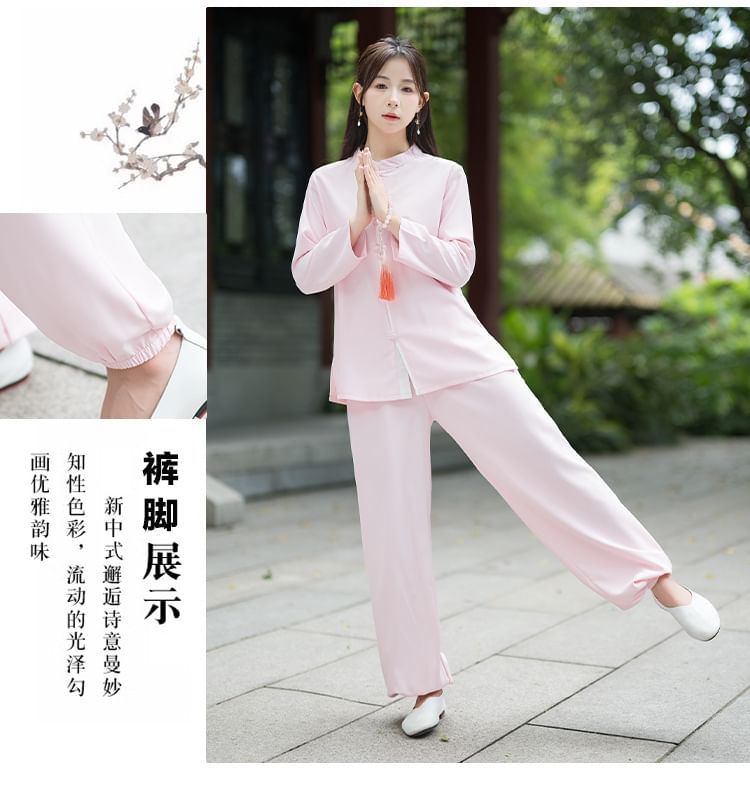 Set: Long-Sleeve Band Collar Plain Hanfu Blouse + Mid Rise Plain Wide Leg Pants SpreePicky