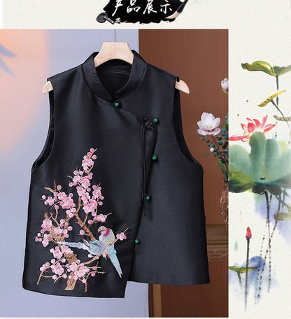 Mandarin Collar Embroidered Bird Floral Button Vest SpreePicky