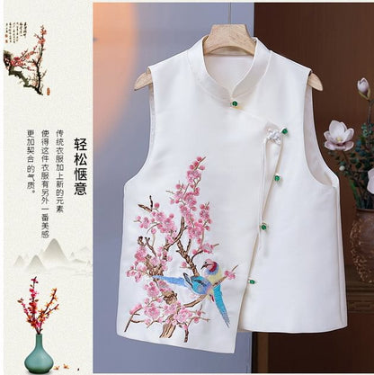 Mandarin Collar Embroidered Bird Floral Button Vest SpreePicky