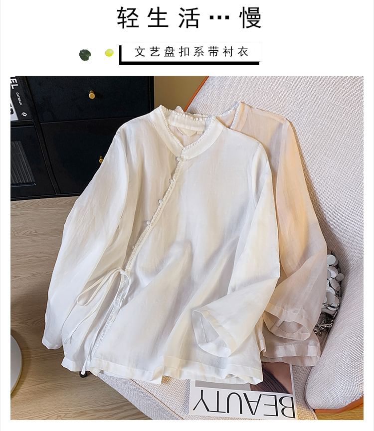 Long Sleeve Band Collar Plain Hanfu Blouse SpreePicky