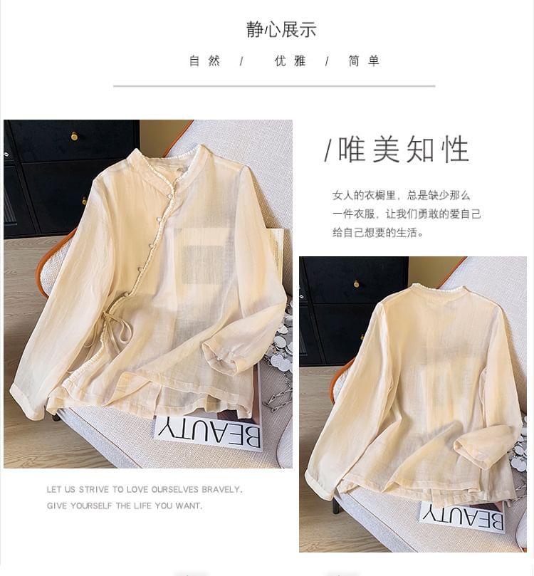 Long Sleeve Band Collar Plain Hanfu Blouse SpreePicky