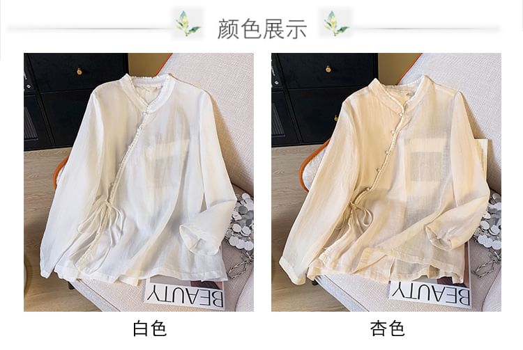 Long Sleeve Band Collar Plain Hanfu Blouse SpreePicky