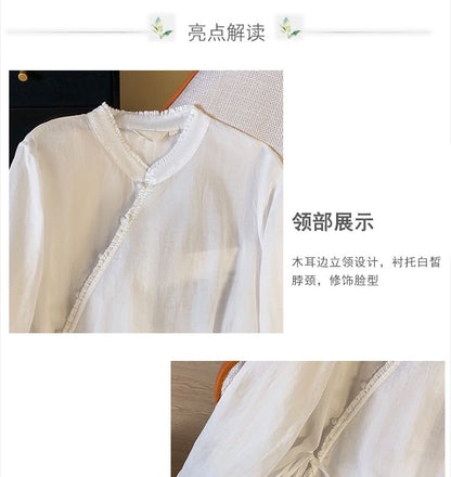 Long Sleeve Band Collar Plain Hanfu Blouse SpreePicky