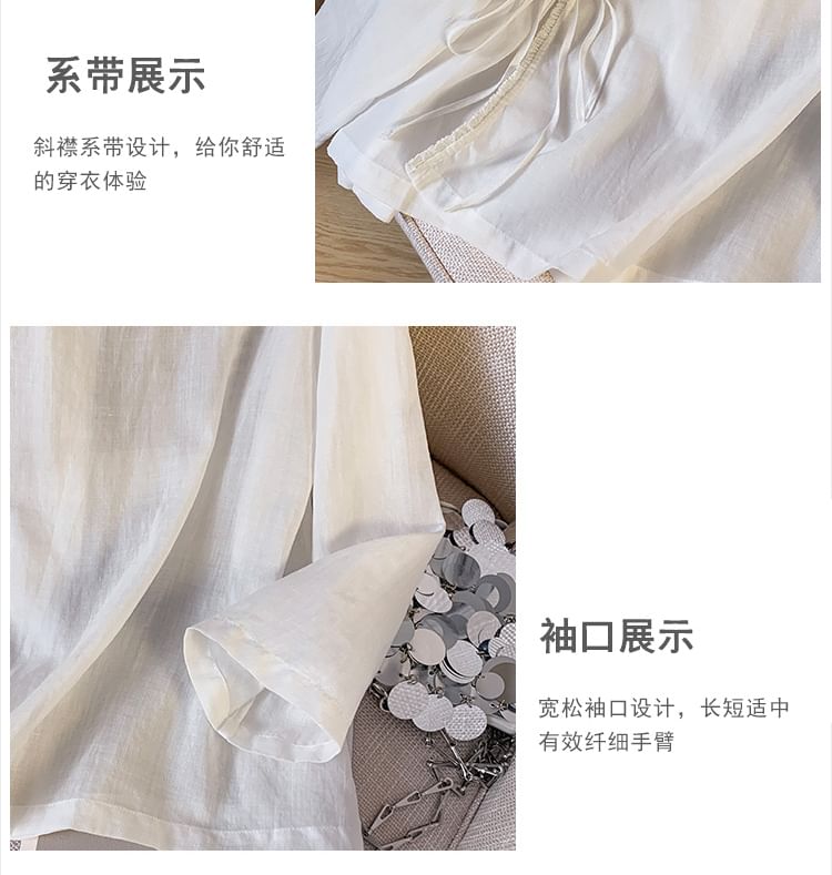 Long Sleeve Band Collar Plain Hanfu Blouse SpreePicky