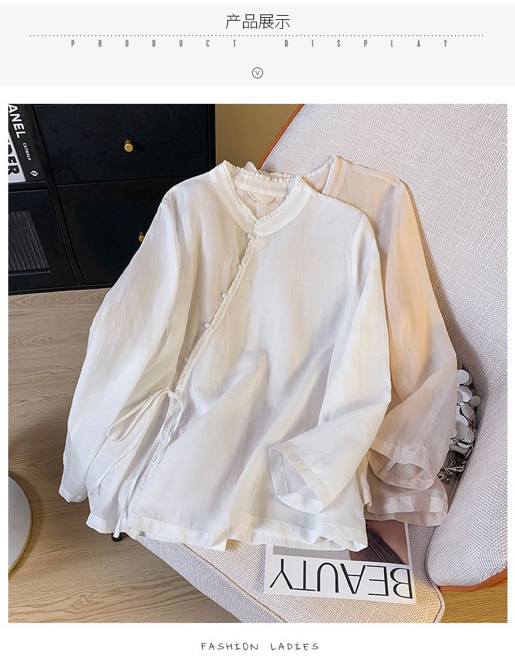 Long Sleeve Band Collar Plain Hanfu Blouse SpreePicky