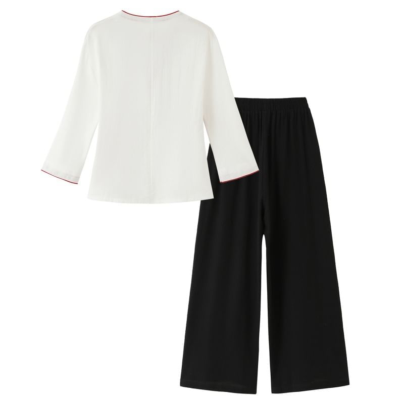 Long-Sleeve V-Neck Contrast Trim Hanfu Top / Mid Rise Plain Wide Leg Pants SpreePicky