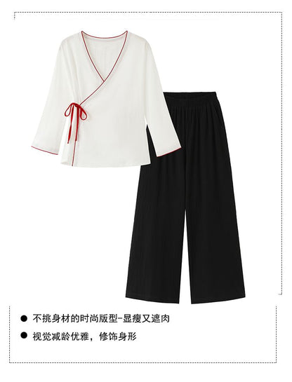 Long-Sleeve V-Neck Contrast Trim Hanfu Top / Mid Rise Plain Wide Leg Pants SpreePicky