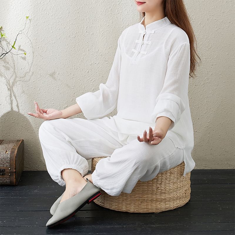 Set: Long-Sleeve Band Collar Plain Hanfu Top + Plain Camisole Top + Mid Rise Plain Harem Pants SpreePicky