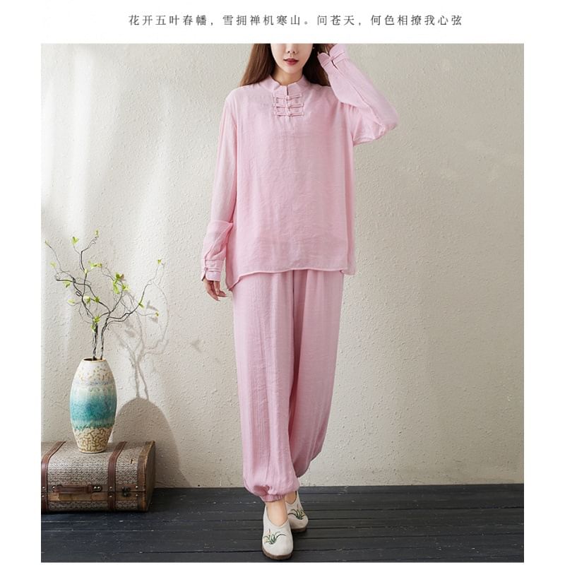 Set: Long-Sleeve Band Collar Plain Hanfu Top + Plain Camisole Top + Mid Rise Plain Harem Pants SpreePicky