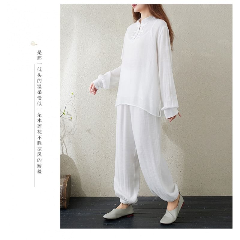 Set: Long-Sleeve Band Collar Plain Hanfu Top + Plain Camisole Top + Mid Rise Plain Harem Pants SpreePicky