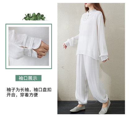 Set: Long-Sleeve Band Collar Plain Hanfu Top + Plain Camisole Top + Mid Rise Plain Harem Pants SpreePicky