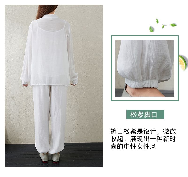 Set: Long-Sleeve Band Collar Plain Hanfu Top + Plain Camisole Top + Mid Rise Plain Harem Pants SpreePicky