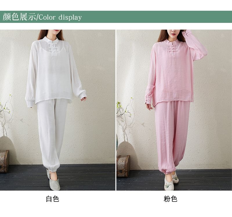 Set: Long-Sleeve Band Collar Plain Hanfu Top + Plain Camisole Top + Mid Rise Plain Harem Pants SpreePicky