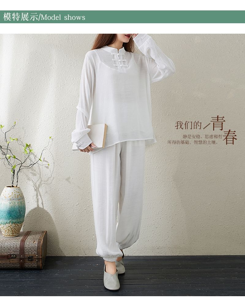 Set: Long-Sleeve Band Collar Plain Hanfu Top + Plain Camisole Top + Mid Rise Plain Harem Pants SpreePicky