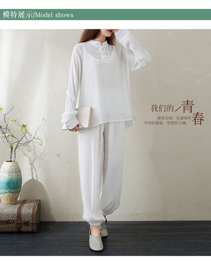 Set: Long-Sleeve Band Collar Plain Hanfu Top + Plain Camisole Top + Mid Rise Plain Harem Pants SpreePicky