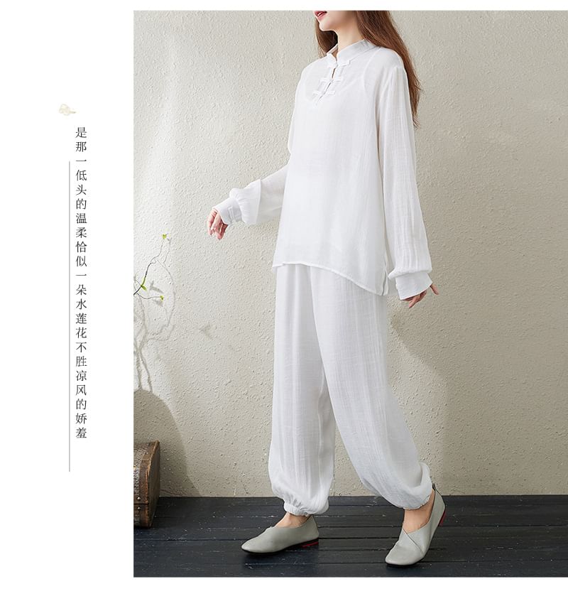 Set: Long-Sleeve Band Collar Plain Hanfu Top + Plain Camisole Top + Mid Rise Plain Harem Pants SpreePicky