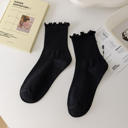 Plain Ruffle Trim Crew Socks SpreePicky