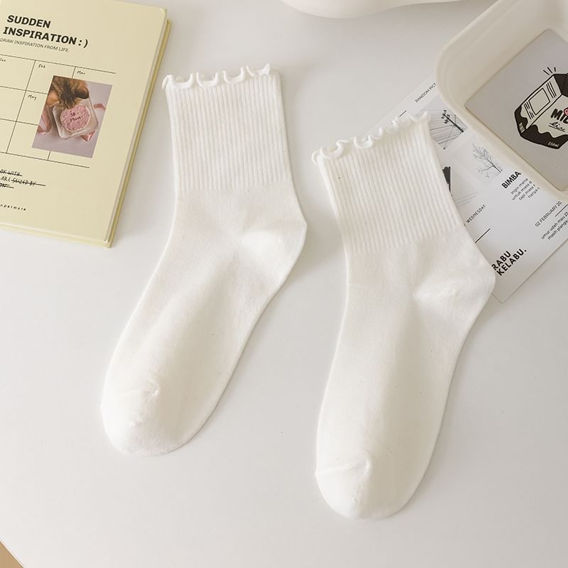 Plain Ruffle Trim Crew Socks SpreePicky