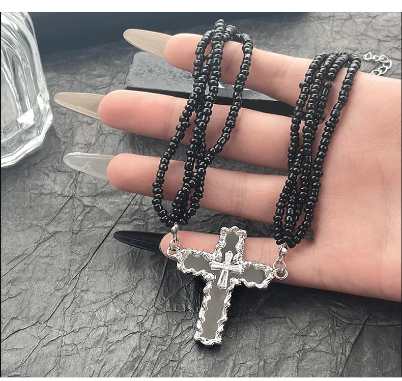 Rhinestone Cross Beaded Layered Necklace SpreePicky