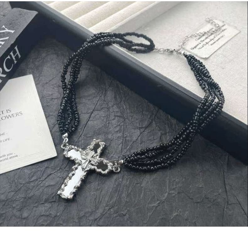 Rhinestone Cross Beaded Layered Necklace SpreePicky