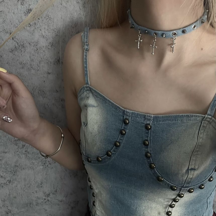 Studded Denim Choker SpreePicky