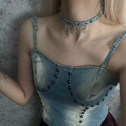 Studded Denim Choker SpreePicky