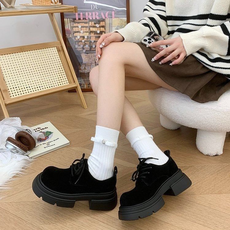 Platform Chunky Heel Lace-Up Shoes SpreePicky