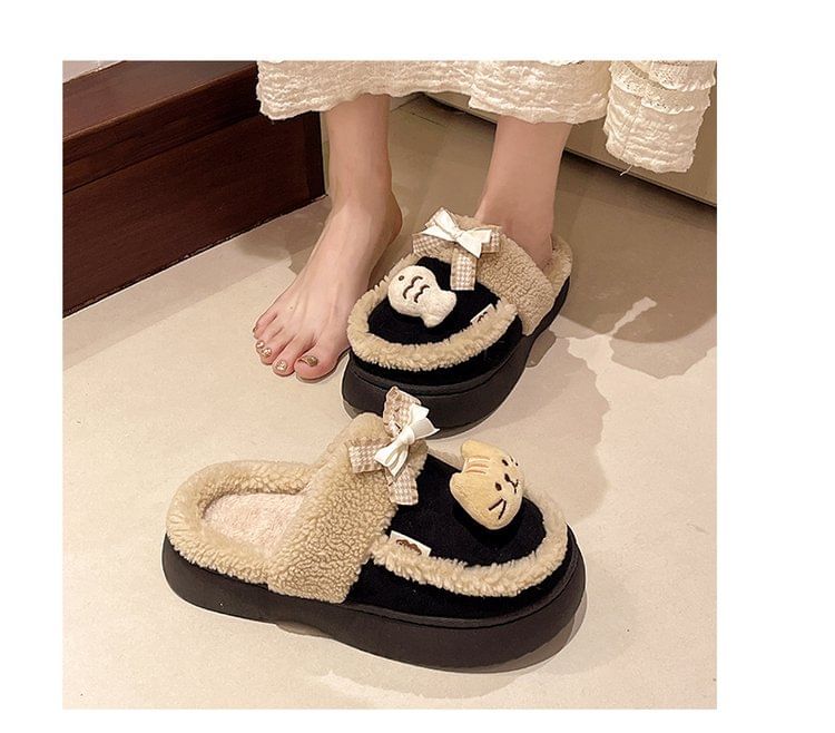 Cartoon Bow Fleece-Lined Platform Mules SpreePicky