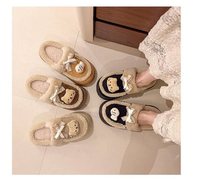 Cartoon Bow Fleece-Lined Platform Mules SpreePicky