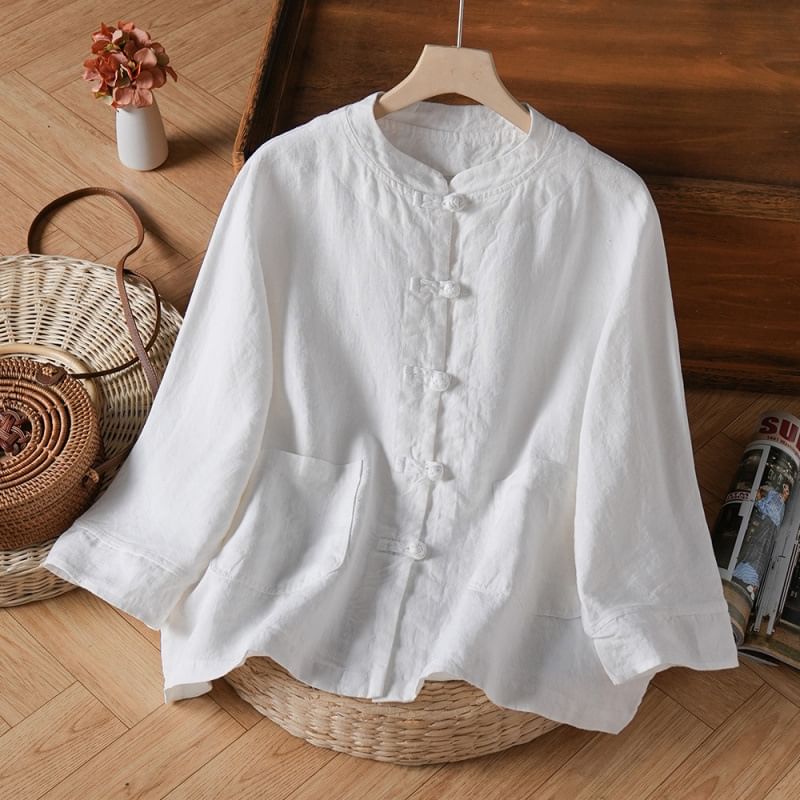 3/4-Sleeve Band Collar Plain Hanfu Linen Shirt SpreePicky