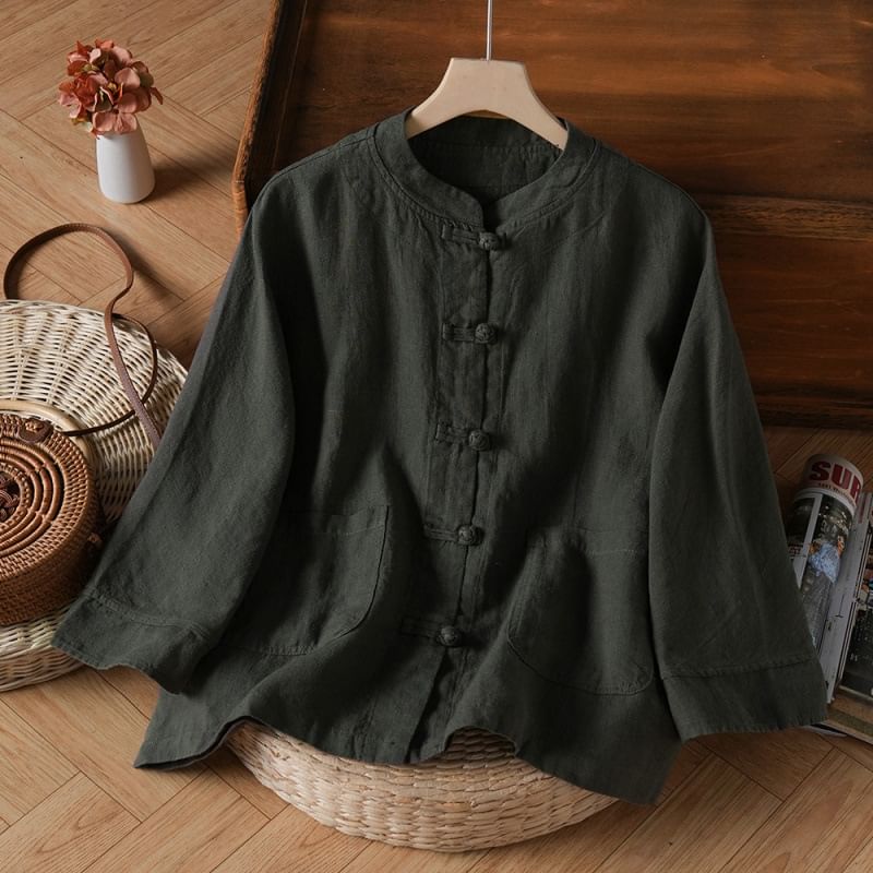 3/4-Sleeve Band Collar Plain Hanfu Linen Shirt SpreePicky