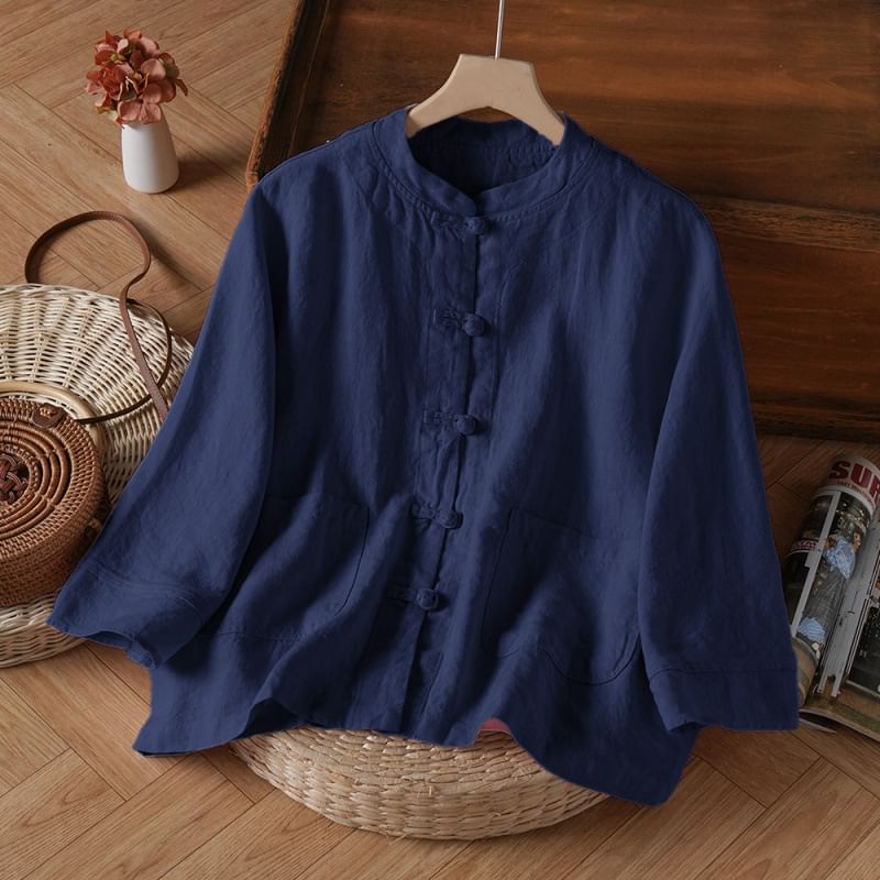 3/4-Sleeve Band Collar Plain Hanfu Linen Shirt SpreePicky