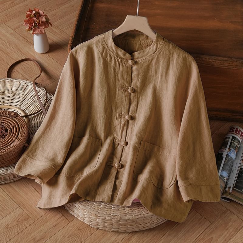 3/4-Sleeve Band Collar Plain Hanfu Linen Shirt SpreePicky