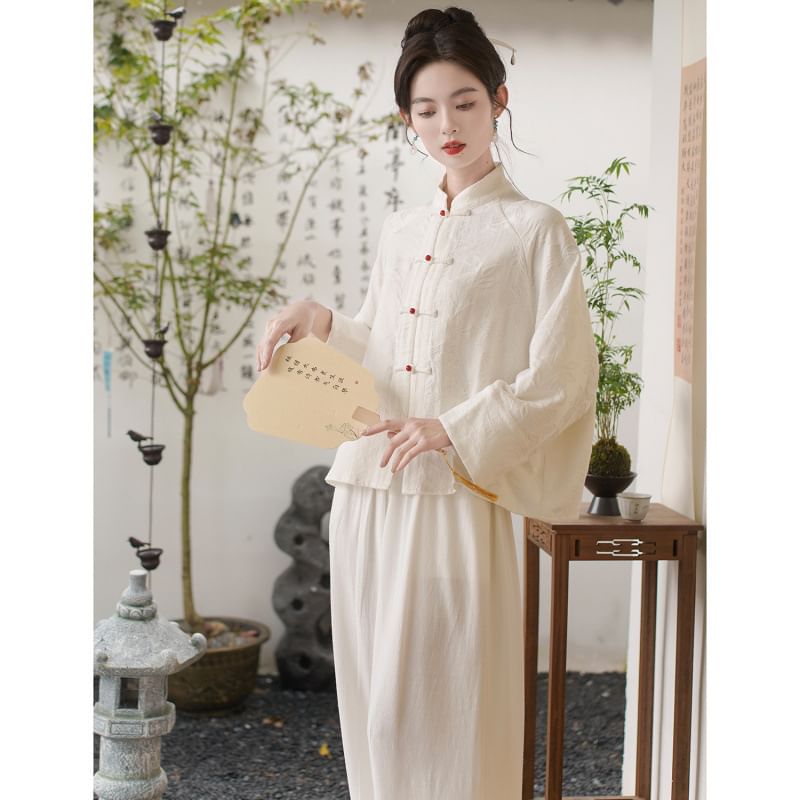 Long Sleeve Mandarin Collar Floral Hanfu Shirt / Mid Rise Wide Leg Pants SpreePicky