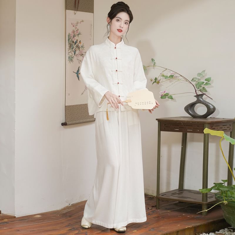 Long Sleeve Mandarin Collar Floral Hanfu Shirt / Mid Rise Wide Leg Pants SpreePicky