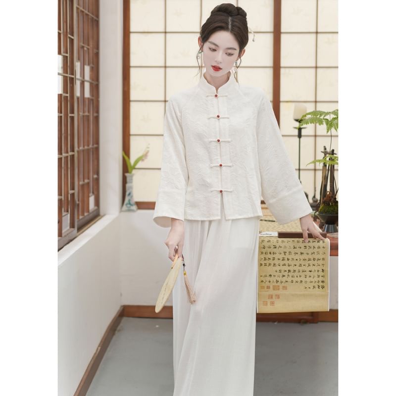 Long Sleeve Mandarin Collar Floral Hanfu Shirt / Mid Rise Wide Leg Pants SpreePicky