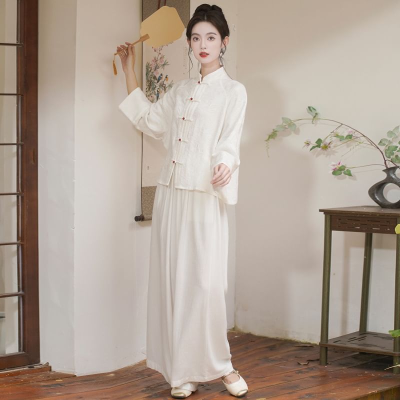 Long Sleeve Mandarin Collar Floral Hanfu Shirt / Mid Rise Wide Leg Pants SpreePicky