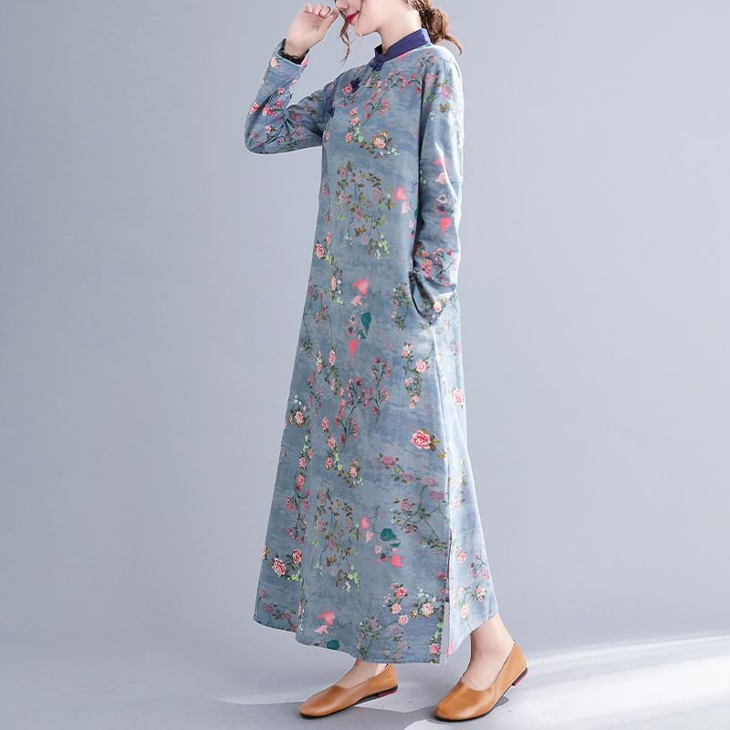 Long Sleeve Band Collar Floral Print Maxi Qipao SpreePicky