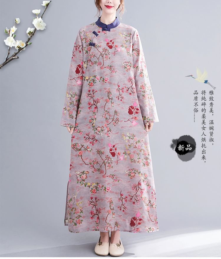 Long Sleeve Band Collar Floral Print Maxi Qipao SpreePicky