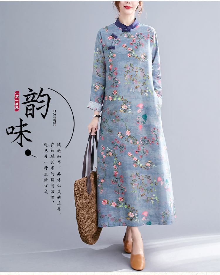 Long Sleeve Band Collar Floral Print Maxi Qipao SpreePicky