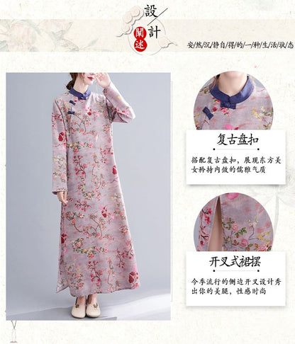 Long Sleeve Band Collar Floral Print Maxi Qipao SpreePicky