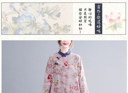 Long Sleeve Band Collar Floral Print Maxi Qipao SpreePicky