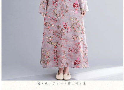 Long Sleeve Band Collar Floral Print Maxi Qipao SpreePicky