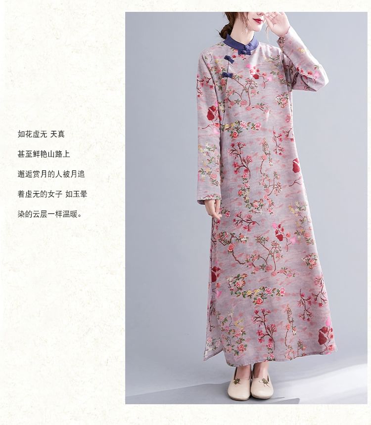 Long Sleeve Band Collar Floral Print Maxi Qipao SpreePicky