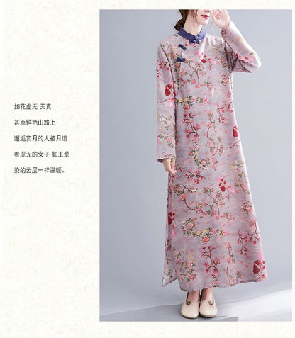 Long Sleeve Band Collar Floral Print Maxi Qipao SpreePicky