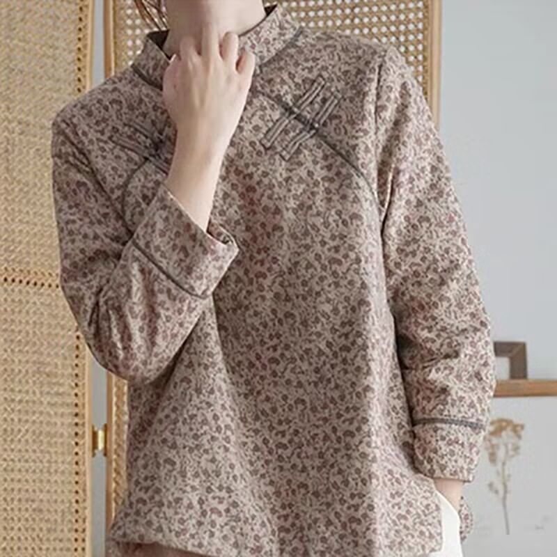 Long Sleeve Band Collar Floral Print Loose Hanfu Blouse SpreePicky