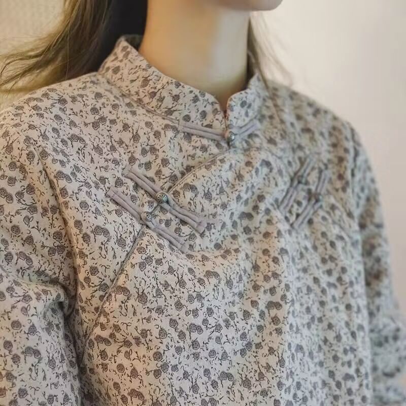 Long Sleeve Band Collar Floral Print Loose Hanfu Blouse SpreePicky