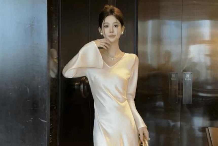 Long-Sleeve V-Neck Satin Plain Maxi Sheath Dress SpreePicky