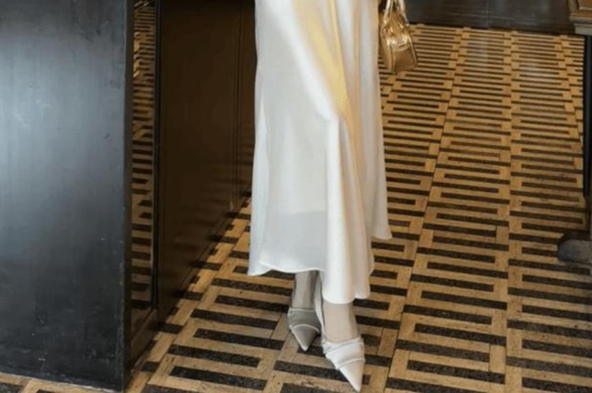 Long-Sleeve V-Neck Satin Plain Maxi Sheath Dress SpreePicky